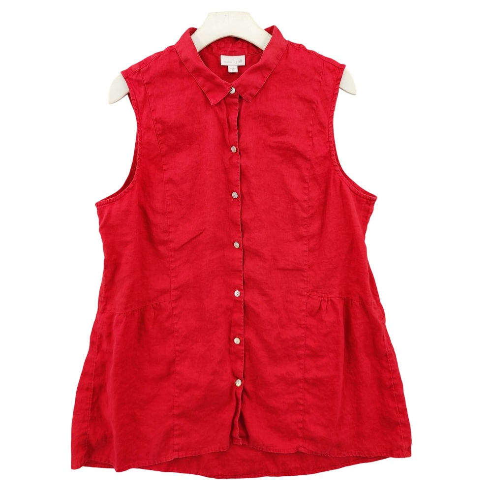 J Jill Womens Coastal Lagenlook 100% Linen Sleeveless Top XL Red Button Up Shirt